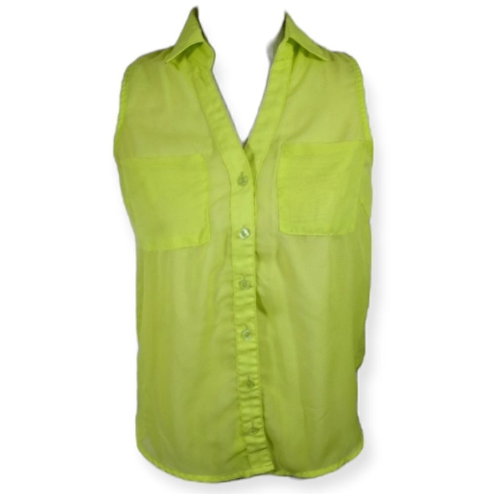 WET SEAL NEON GREEN SHEER BUTTON DOWN SLEEVELESS BLOUSE SZ.XS EUC